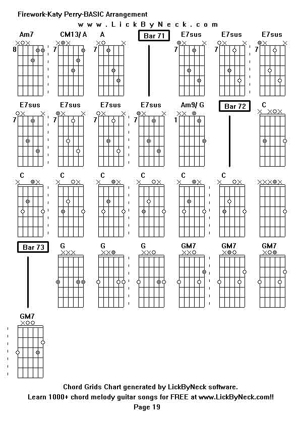 Chord Grids Chart of chord melody fingerstyle guitar song-Firework-Katy Perry-BASIC Arrangement,generated by LickByNeck software.